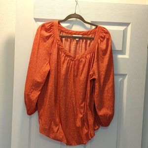 LC Lauren Conrad Salmon Coral Polka Dot Puff Sleeve Boho blouse tunic v neck